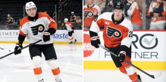 Cole Knuble NHL Debut: Mike’s Son Plays for Flyers Flyers forwards Alex Bump and Cole Knuble in warmups after being recalled from Lehigh Valley