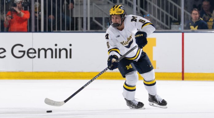 Landon DuPont Earns A Rating on NHL Central Scouting List Landon DuPont Michigan Wolverines defenseman projected 2027 NHL Draft No. 1 pick Central Scouting