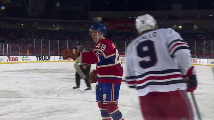 Lane Hutson Heritage Classic goal Canadiens Jets 2026 Lane Hutson Canadiens Heritage Classic goal celebration against Jets in Winnipeg