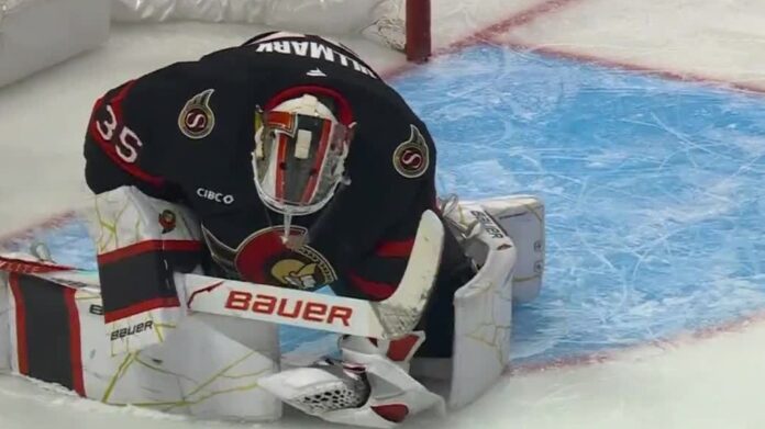 linus-ullmark-injury-senators-panthers Ottawa Senators goalie Linus Ullmark down in the crease after injury against Panthers