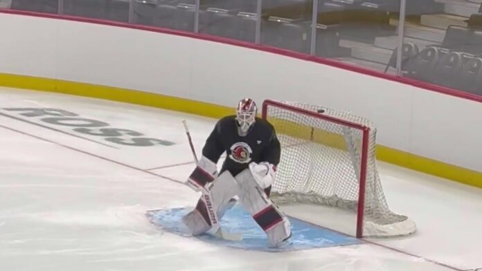 Linus Ullmark Senators practice return Ottawa Senators goalie Linus Ullmark in net at morning skate before the home opener against the Flyers