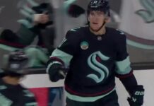 Mackie Samoskevich Goals: Two in Kraken Home Opener Rout Mackie Samoskevich celebrates his first goal with the Seattle Kraken against the Calgary Flames at Climate Pledge Arena
