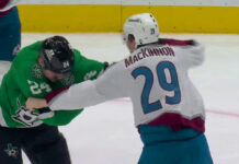 MacKinnon Fight: Hintz Bloodies Avs Star in 3-2 Win Nathan MacKinnon of the Avalanche fights Roope Hintz of the Stars during the second period in Dallas