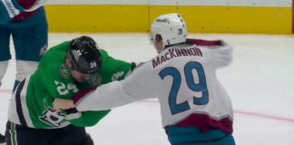 MacKinnon Fight: Hintz Bloodies Avs Star in 3-2 Win Nathan MacKinnon of the Avalanche fights Roope Hintz of the Stars during the second period in Dallas