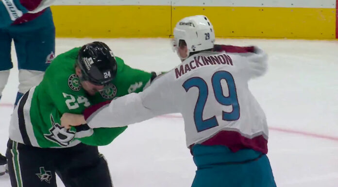 MacKinnon Fight: Hintz Bloodies Avs Star in 3-2 Win Nathan MacKinnon of the Avalanche fights Roope Hintz of the Stars during the second period in Dallas