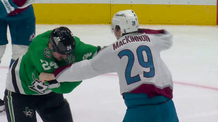 MacKinnon Hintz fight Avalanche Stars Nathan MacKinnon of the Avalanche fights Roope Hintz of the Stars during the second period in Dallas
