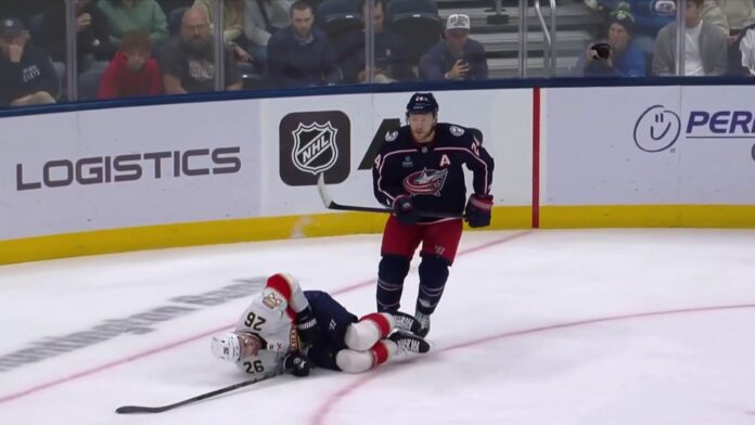Mathieu Olivier slash Uvis Balinskis ejection Blue Jackets forward Mathieu Olivier stands over Panthers defenseman Uvis Balinskis after slashing penalty