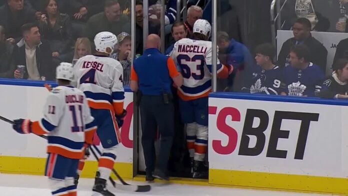 Matias Maccelli injury Islanders Maple Leafs helped off ice Matias Maccelli helped off the ice by Islanders trainer after injury against Maple Leafs