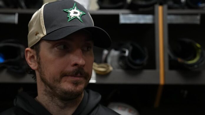 matt-duchene-stars-postgame-reaction Matt Duchene speaking to reporters in the Dallas Stars locker room after a game