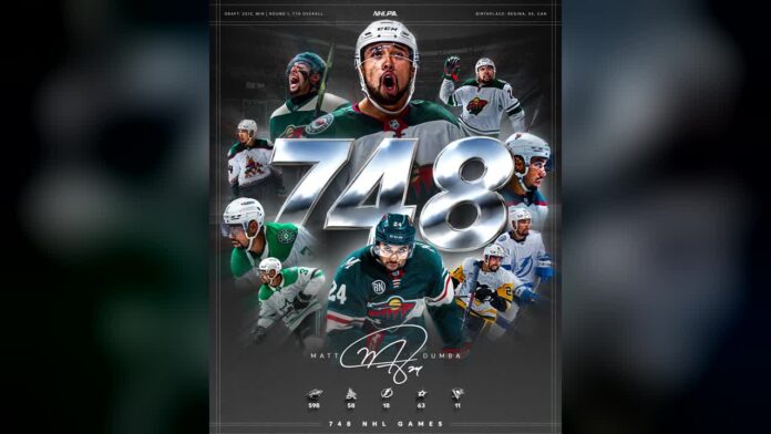 Matt Dumba retirement NHLPA graphic Matt Dumba retirement graphic NHLPA 748 NHL games Wild Coyotes Lightning Stars Penguins