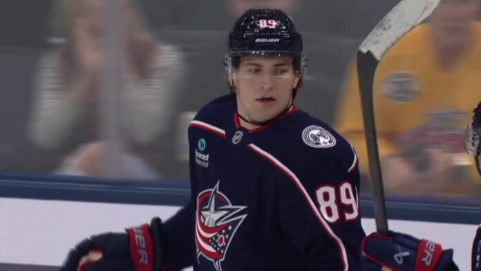 Matthew Knies Blue Jackets debut goal Matthew Knies of the Columbus Blue Jackets after scoring a power-play goal in his Blue Jackets debut against the Buffalo Sabres