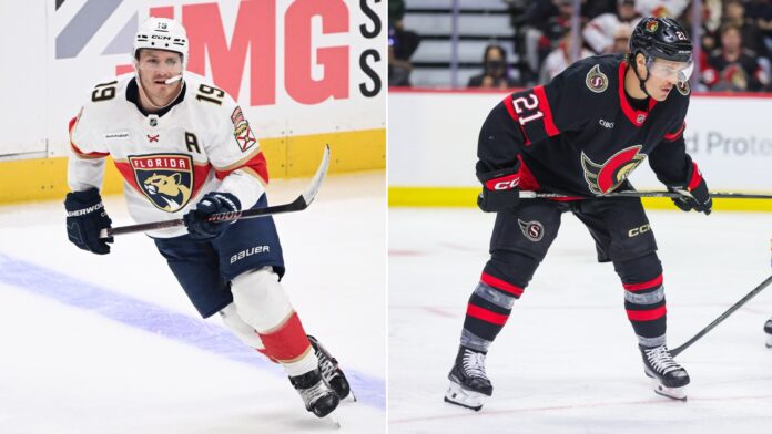 Matthew Tkachuk and Nick Cousins fined Florida Panthers winger Matthew Tkachuk in a white jersey and Ottawa Senators center Nick Cousins facing the camera