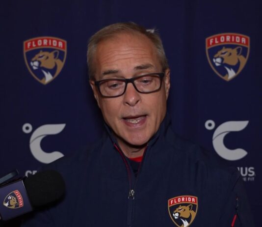 Florida Panthers coach Paul Maurice speaks to reporters about Aleksander Barkov injury timeline after practice in Los Angeles