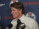 Oilers head coach Mike Babcock speaks to reporters about Evan Bouchard after a win over the Ducks