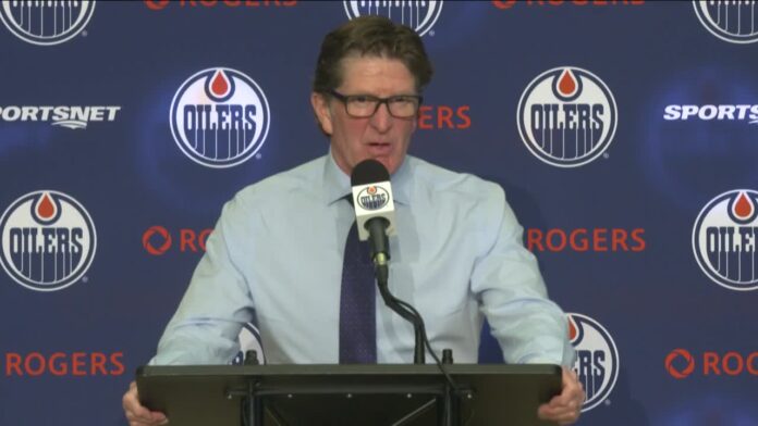 Mike Babcock Oilers postgame presser vs Mammoth October 15 2026 Oilers coach Mike Babcock speaking at postgame press conference after loss to Utah Mammoth