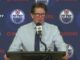Oilers coach Mike Babcock speaking at postgame press conference after loss to Utah Mammoth