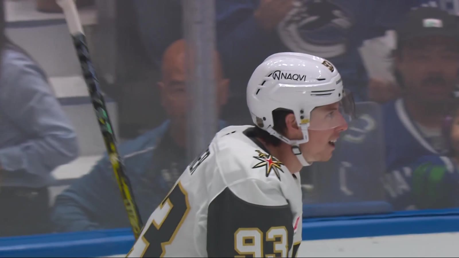 Mitch Marner celebrates a goal for the Vegas Golden Knights