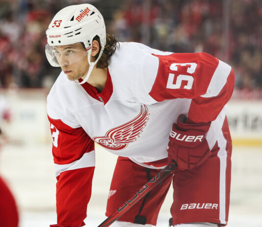 Red Wings defenseman Moritz Seider on the ice during a game