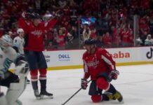 Ovechkin Goal No. 930: First of Final Season vs. Kraken Alex Ovechkin celebrates on one knee after scoring his 930th career goal against the Kraken