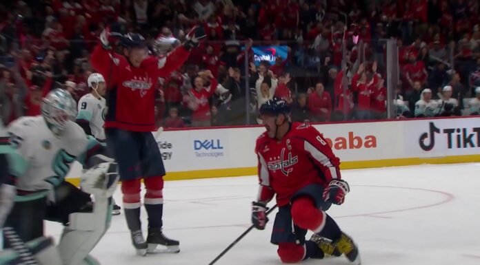 Ovechkin Goal No. 930: First of Final Season vs. Kraken Alex Ovechkin celebrates on one knee after scoring his 930th career goal against the Kraken