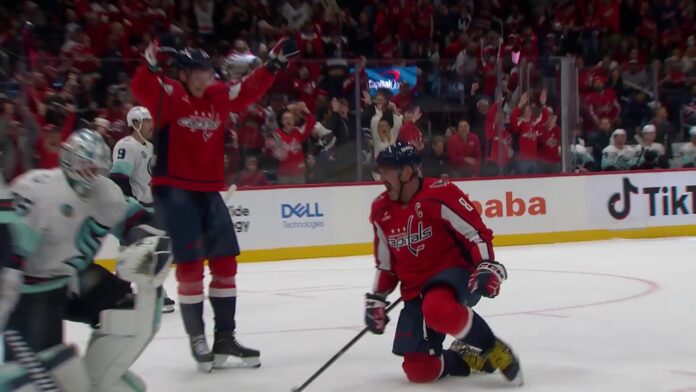 Ovechkin 930th goal celebration Capitals Kraken Alex Ovechkin celebrates on one knee after scoring his 930th career goal against the Kraken