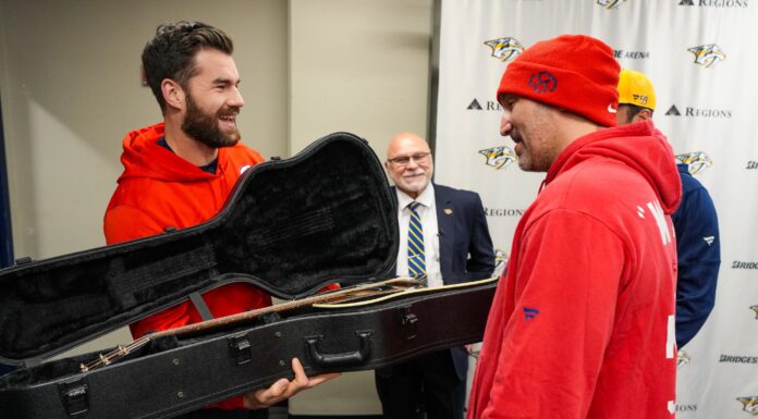 Ovechkin Gets Custom Guitar Gift From Predators in Nashville Alex Ovechkin receives custom Gibson guitar gift from Predators before final Nashville game
