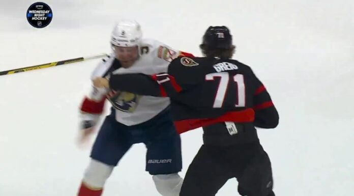 Panthers-Senators Fights: Bennett, Hodgson Drop Gloves Ridly Greig fights a Florida Panthers player during the game in Ottawa