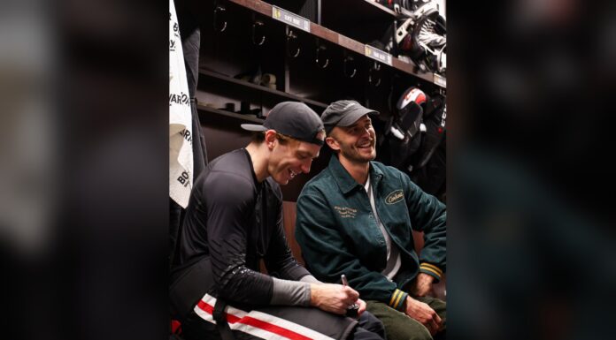 Patrick Kane Return: Toews, Hjalmarsson Join Him for Homecoming Patrick Kane and Niklas Hjalmarsson laugh in the Chicago Blackhawks dressing room before Kane's United Center return