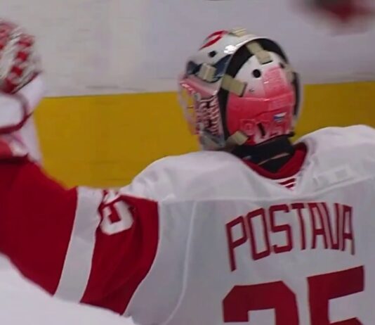 Michal Postava Detroit Red Wings goalie celebrates first NHL win in shootout vs Oilers