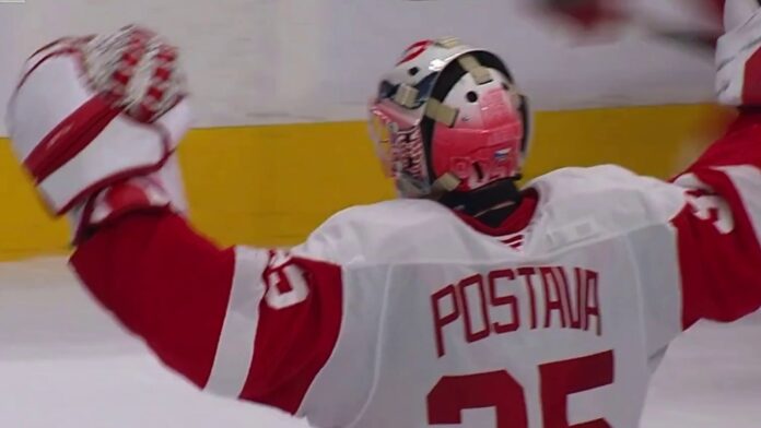 Michal Postava first NHL win Red Wings Michal Postava Detroit Red Wings goalie celebrates first NHL win in shootout vs Oilers