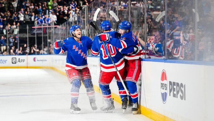 Rangers goal celebration vs Lightning Rangers players Alexis Lafreniere and J.T. Miller celebrate a goal against the Lightning at Madison Square Garden