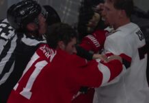 Red Wings, Senators Brawl After Greig Hit on DeBrincat Dylan Larkin and Thomas Chabot tangle during Red Wings Senators brawl
