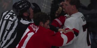 Red Wings, Senators Brawl After Greig Hit on DeBrincat Dylan Larkin and Thomas Chabot tangle during Red Wings Senators brawl
