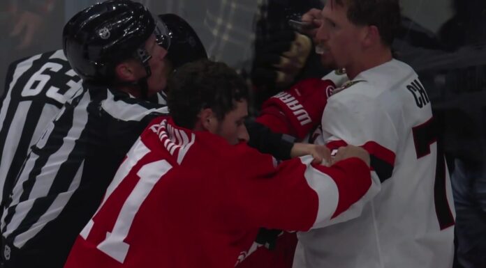 Red Wings, Senators Brawl After Greig Hit on DeBrincat Dylan Larkin and Thomas Chabot tangle during Red Wings Senators brawl