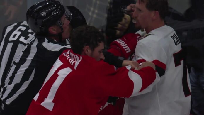 Red Wings Senators brawl Larkin Chabot Dylan Larkin and Thomas Chabot tangle during Red Wings Senators brawl