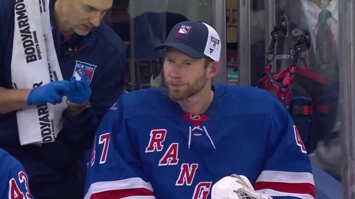Reimer Rangers debut bench James Reimer on the Rangers bench after being pulled in his debut against the Kings