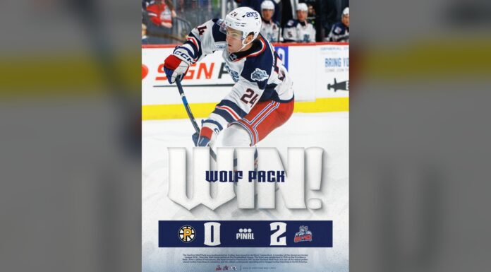 James Reimer Shutout: Oldest AHL Goalie Since 2008 Hartford Wolf Pack win graphic after 2-0 shutout of Providence Bruins with James Reimer in net