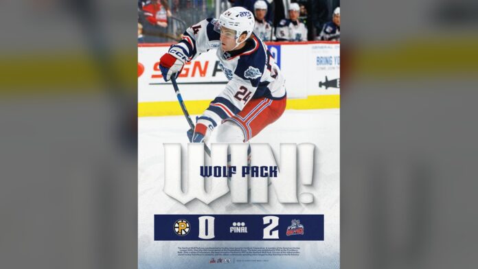 Reimer Wolf Pack shutout graphic Hartford Wolf Pack win graphic after 2-0 shutout of Providence Bruins with James Reimer in net