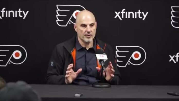Rick Tocchet Flyers defensemen scooter skating presser October 2026 Flyers head coach Rick Tocchet speaking at a postgame press conference about defensemen and scooter skating