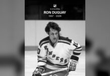 Ron Duguay Dies at 69: Rangers Legend Played in 1979 Final Ron Duguay in a New York Rangers sweater, Rangers In Memoriam graphic 1957-2026