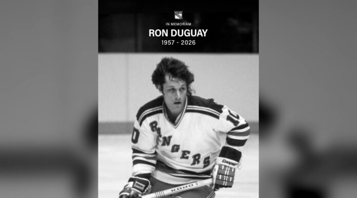 Ron Duguay Dies at 69: Rangers Legend Played in 1979 Final Ron Duguay in a New York Rangers sweater, Rangers In Memoriam graphic 1957-2026