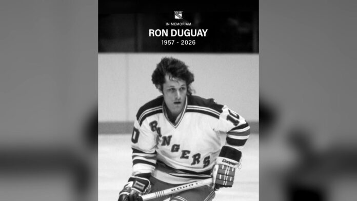 Ron Duguay Rangers In Memoriam Ron Duguay in a New York Rangers sweater, Rangers In Memoriam graphic 1957-2026