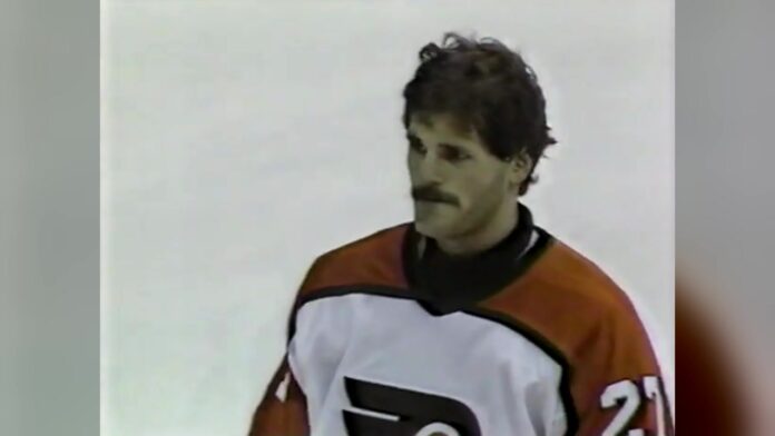 Ron Hextall Flyers 1987 goalie goal Ron Hextall in a Philadelphia Flyers jersey after becoming the first NHL goalie to shoot and score a goal in 1987