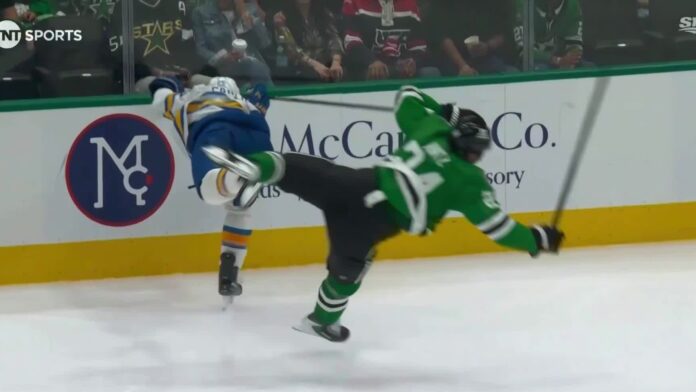 Roope Hintz Brandon Carlo hit Stars Blues Roope Hintz of the Dallas Stars collides knee-on-knee with Blues defenseman Brandon Carlo along the boards