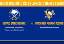 Ryan Johnson Trade: Sabres Send Former 1st-Rounder to Pittsburgh Buffalo Sabres trade graphic showing Caleb Jones and Daniel Laatsch going to Buffalo and Ryan Johnson to Pittsburgh Penguins
