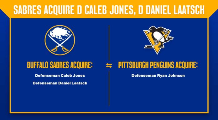 Ryan Johnson Trade: Sabres Send Former 1st-Rounder to Pittsburgh Buffalo Sabres trade graphic showing Caleb Jones and Daniel Laatsch going to Buffalo and Ryan Johnson to Pittsburgh Penguins