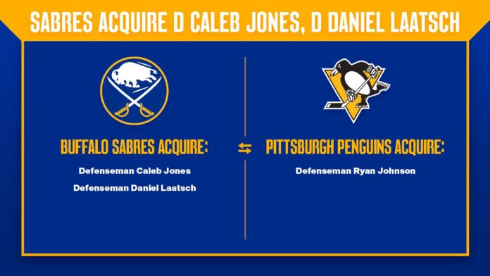 Sabres acquire Caleb Jones and Daniel Laatsch for Ryan Johnson trade graphic Buffalo Sabres trade graphic showing Caleb Jones and Daniel Laatsch going to Buffalo and Ryan Johnson to Pittsburgh Penguins