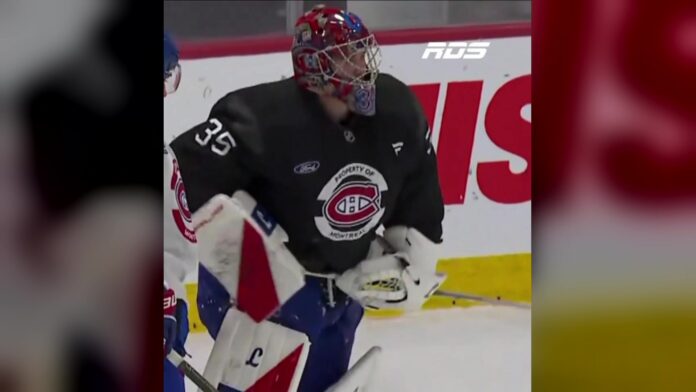 Samuel Montembeault injury Canadiens practice Canadiens goalie Samuel Montembeault at practice in Brossard before leaving with a right leg injury