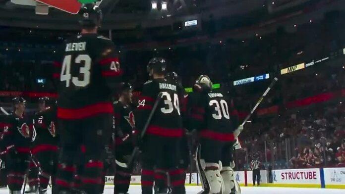 senators-beat-panthers-tkachuk-return Ottawa Senators celebrate 5-1 win over Panthers with goalie Sam Ersson at Canadian Tire Centre