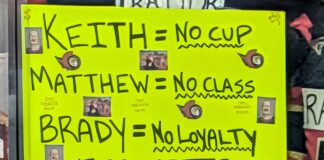 Senators Fans Signs: Best Banners From Tkachuk Return Senators fan sign mocking Tkachuk family Keith Matthew Brady in Ottawa